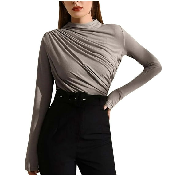 RYRJJ Women's Shirts Ruched Front Long Sleeve Elegant Blouse Top Trendy Slim Fitted Mock Neck T Shirt(Gray,S)