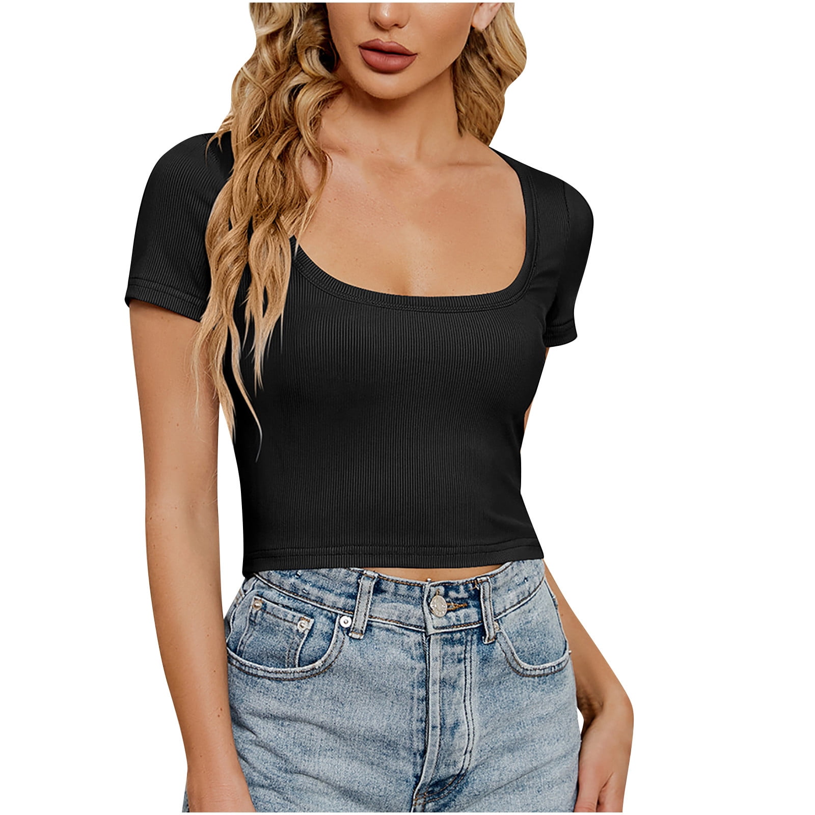 RYRJJ Women's Short Sleeve Crop Tops Square Neck Cropped T Shirts Y2K  Streetwear Sexy Slim Fit Ribbed Knit Basic Tees(Black,M) 