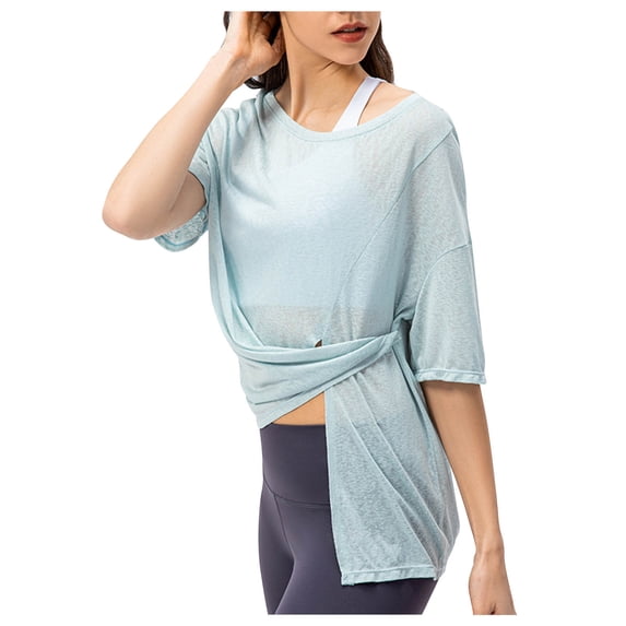 RYRJJ Women's Short Sleeve T Shirts Summer Crewneck Workout Shirts Quick Dry Tie Front Side Slit Running Yoga Athletic Tops(Blue,L)
