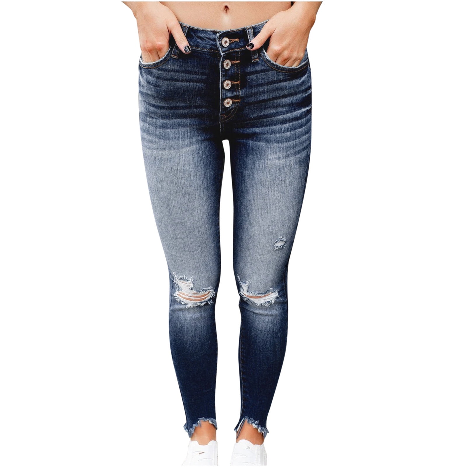 RYRJJ Women's Skinny Destroyed Raw Hem Jeans High Waist Ripped Hole  Boyfriend Stretchy Denim Pants(Light Blue,XL) 