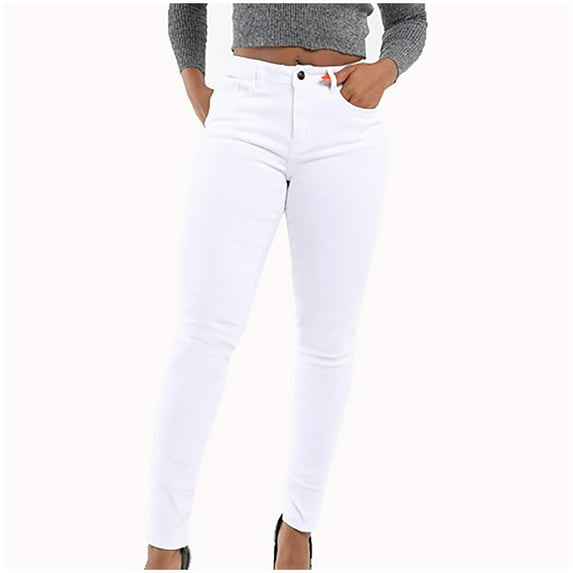 RYRJJ Women's Skinny Jeans Pants High Waist Slim Fit Button Pull-On Stretchy Denim Pant Trousers with Pocket(White,S)