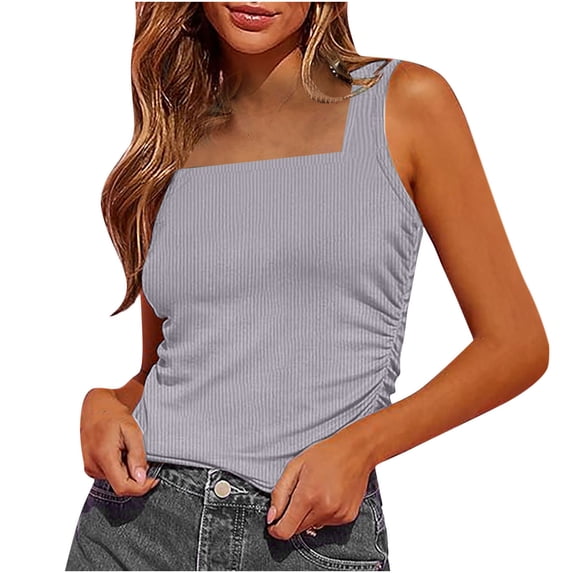 RYRJJ Women's Slim Fitted Tank Tops Ribbed Knit Square Neck Sleeveless Shirts Summer Casual Side Ruched Basic Blouse Tanks