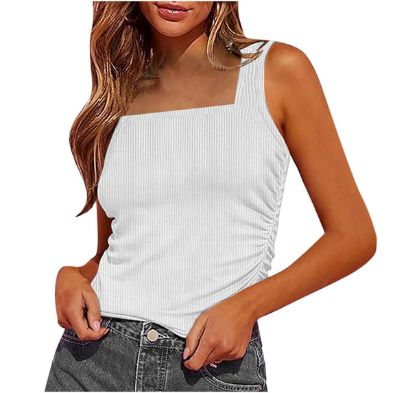 RYRJJ Women's Slim Fitted Tank Tops Ribbed Knit Square Neck Sleeveless Shirts Summer Casual Side Ruched Basic Blouse Tanks