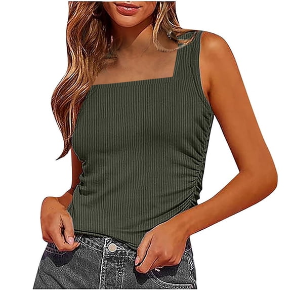 RYRJJ Women's Slim Fitted Tank Tops Ribbed Knit Square Neck Sleeveless Shirts Summer Casual Side Ruched Basic Blouse Tanks