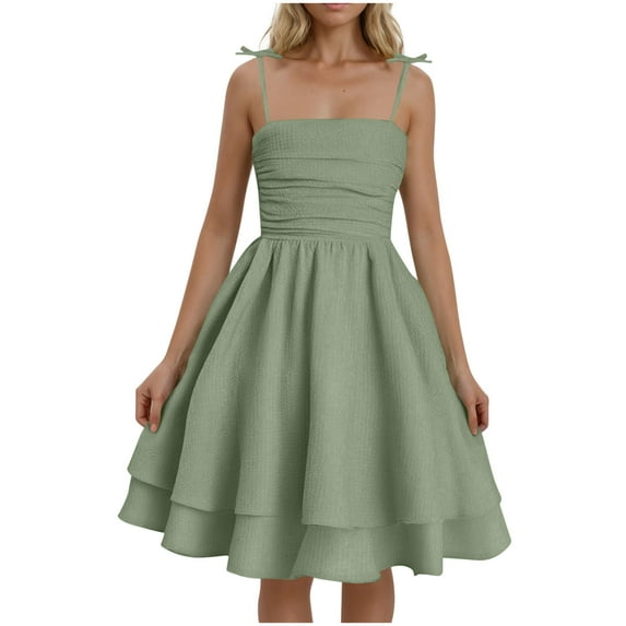 RYRJJ Women's Smocked Ruched A Line Swing Dress Tie Shoulder Spaghetti Strap Double Layered Flowy Cami Dress Sleeveless Cute Sundress(Army Green,S)