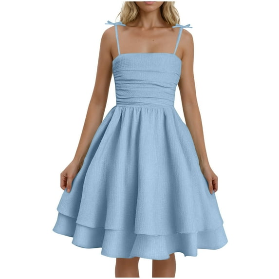 RYRJJ Women's Smocked Ruched A Line Swing Dress Tie Shoulder Spaghetti Strap Double Layered Flowy Cami Dress Sleeveless Cute Sundress(Light Blue,XL)