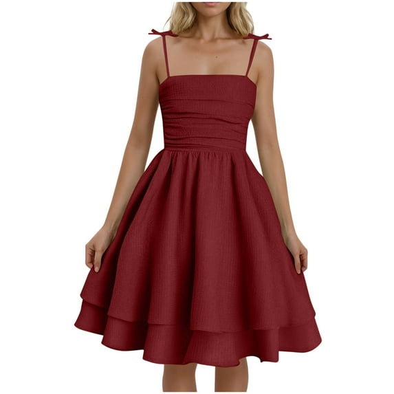 RYRJJ Women's Smocked Ruched A Line Swing Dress Tie Shoulder Spaghetti Strap Double Layered Flowy Cami Dress Sleeveless Cute Sundress(Wine,M)