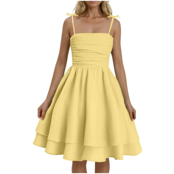 RYRJJ Women's Smocked Ruched A Line Swing Dress Tie Shoulder Spaghetti Strap Double Layered Flowy Cami Dress Sleeveless Cute Sundress(Yellow,M)