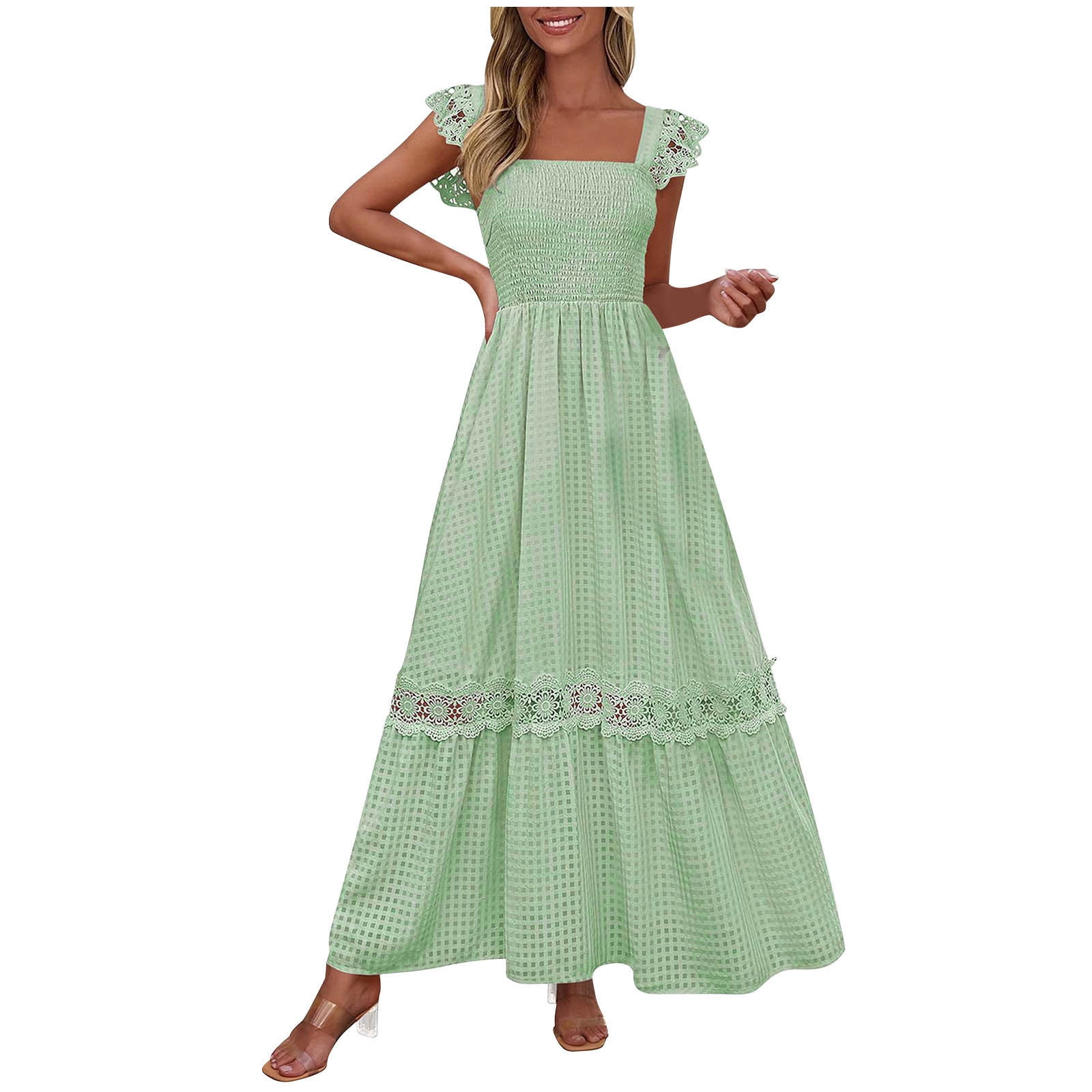 chinese dress ladies PRETTYGARDEN Womens Summer Square Neck Maxi Dresses Cap Sleeve Eyelet  Smocked Tiered A Line Flowy Long Dress with Pockets (Army Green,Small) at  Amazon Women's Clothing store