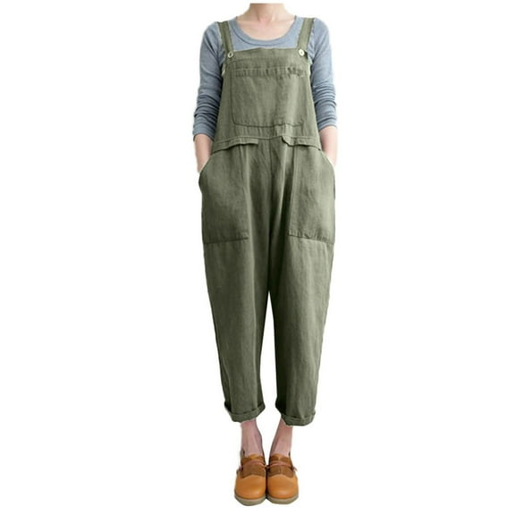 RYRJJ Women's Solid Cotton Linen Bib Overalls Casual Sleeveless Rompers Baggy Long Pants Wide Leg Jumpsuits with Pockets(Army Green,S)