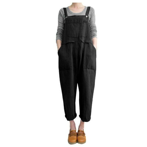 RYRJJ Women's Solid Cotton Linen Bib Overalls Casual Sleeveless Rompers Baggy Long Pants Wide Leg Jumpsuits with Pockets(Black,XXL)