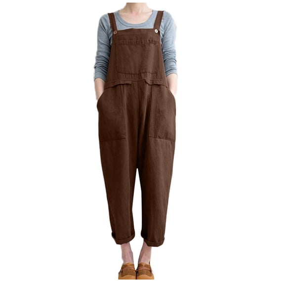 RYRJJ Women's Solid Cotton Linen Bib Overalls Casual Sleeveless Rompers Baggy Long Pants Wide Leg Jumpsuits with Pockets(Coffee,L)