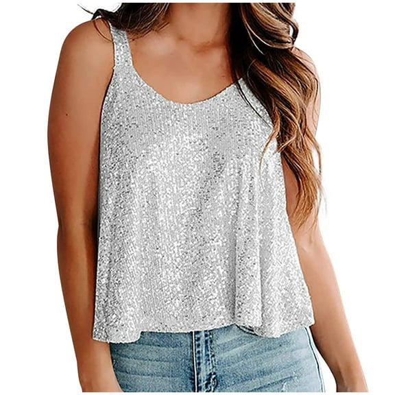 RYRJJ Women's Sparkle Sequin Tank Tops Sparkly Camisole Glitter Club Party Shirts Flowy Vest Dressy Going Out Tops(Silver,L)