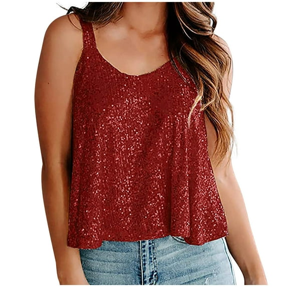 RYRJJ Women's Sparkle Sequin Tank Tops Sparkly Camisole Glitter Club Party Shirts Flowy Vest Dressy Going Out Tops(Wine,XXL)