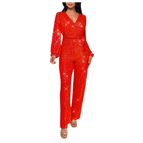 RYRJJ Women's Sparkly Jumpsuits Party Clubwear Sequins Rompers One-Piece Deep V Neck Long Sleeve Wide Leg Pants with Belt(Red,XXL)