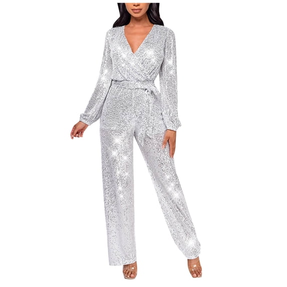 RYRJJ Women's Sparkly Jumpsuits Party Clubwear Sequins Rompers One-Piece Deep V Neck Long Sleeve Wide Leg Pants with Belt(Silver,L)