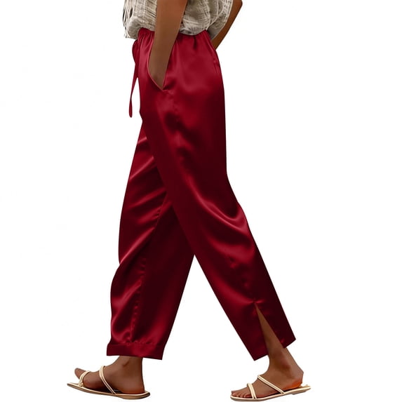 RYRJJ Women's Split Side Silk Satin Casual Pants Summer Loose Drawstring Elastic Waist Lounge Pants with Pockets