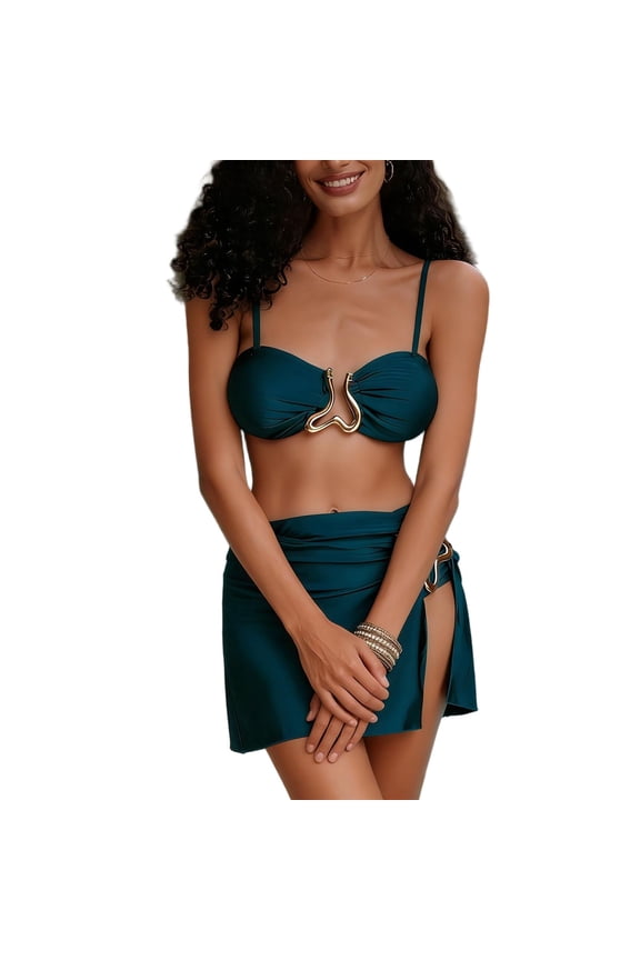 Women's Strapless Bandeau Bikini Sets Wire Cutout Two Piece Swimsuit Top with High Waisted Bottom Cover Ups Skirt Bathing Suits(Green,XL)