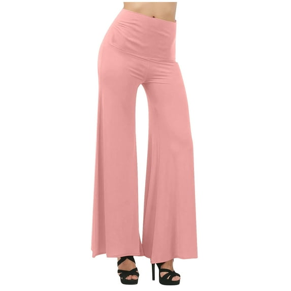 RYRJJ Women's Stretchy Wide Leg Palazzo Lounge Pants Elegant Casual Comfy High Waist Solid Color Yoga Work Pants Trousers(Pink,L)