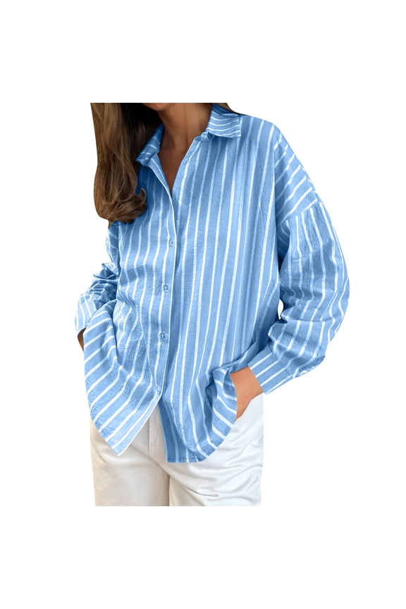 Women's Striped Button Down Shirts Casual Long Sleeve Boyfriend Loose Collared Blouses Office Work Tops(Blue,M)