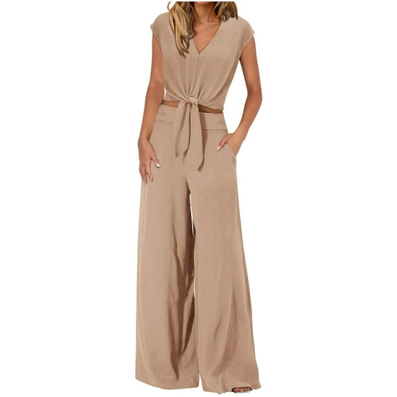 RYRJJ Women's Summer 2 Piece Outfits Cap Sleeve V-Neck Twist Knot Crop Top Wide Leg Pant Sets Casual Tracksuit Lounge Wear