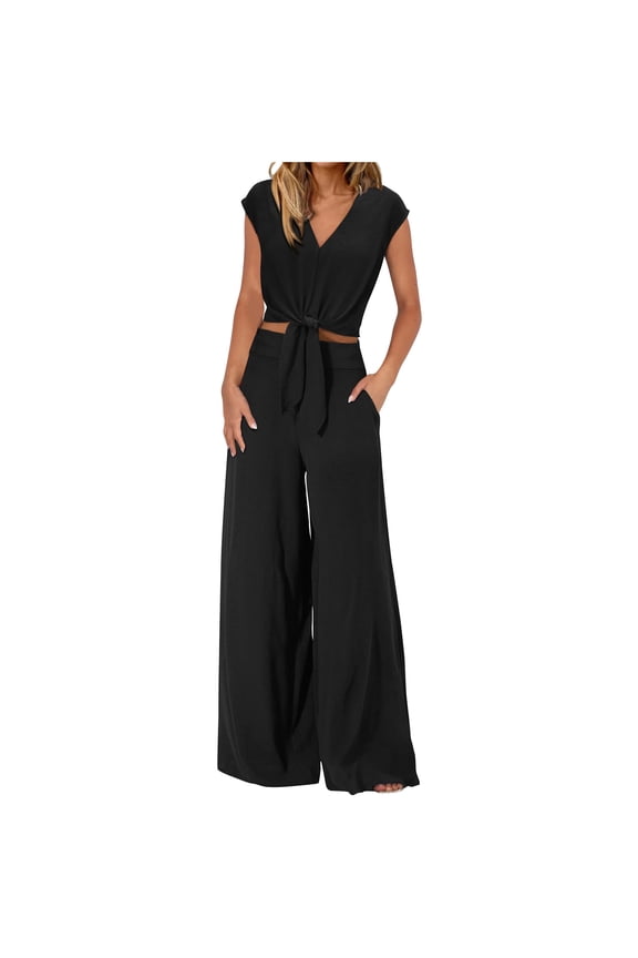 Women's Summer 2 Piece Outfits Cap Sleeve V-Neck Twist Knot Crop Top Wide Leg Pant Sets Casual Tracksuit Lounge Wear