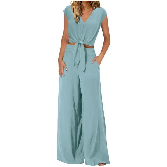 RYRJJ Women's Summer 2 Piece Outfits Cap Sleeve V-Neck Twist Knot Crop Top Wide Leg Pant Sets Casual Tracksuit Lounge Wear