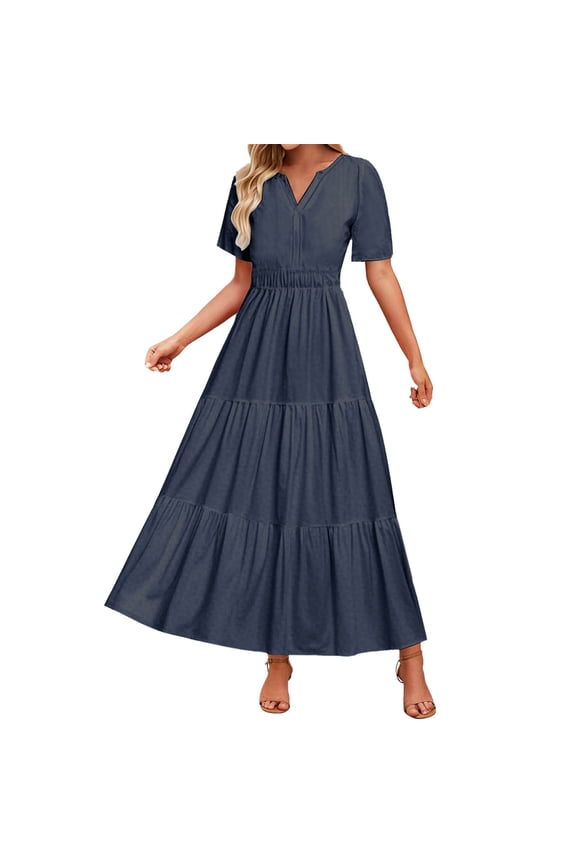 Women's Summer Boho Maxi Dresses Casual V Neck Short Sleeve A-line Empire Waist Long Flowy Beach Dress(Navy,M)