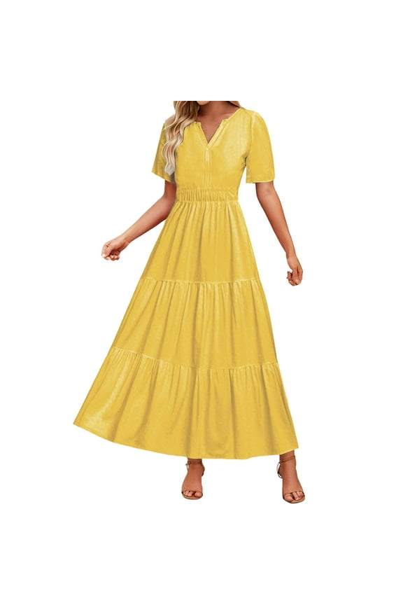Women's Summer Boho Maxi Dresses Casual V Neck Short Sleeve A-line Empire Waist Long Flowy Beach Dress(Yellow,XL)