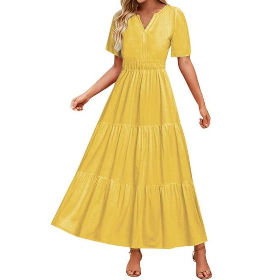 RYRJJ Women's Summer Boho Maxi Dresses Casual V Neck Short Sleeve A-line Empire Waist Long Flowy Beach Dress(Yellow,XL)