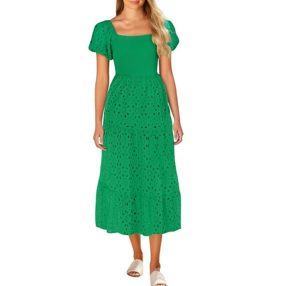 RYRJJ Women's Summer Casual Long Dresses Square Neck Puff Short Sleeve Smocked A-Line Eyelet Flowy Elegant Boho Dress(Green,L)