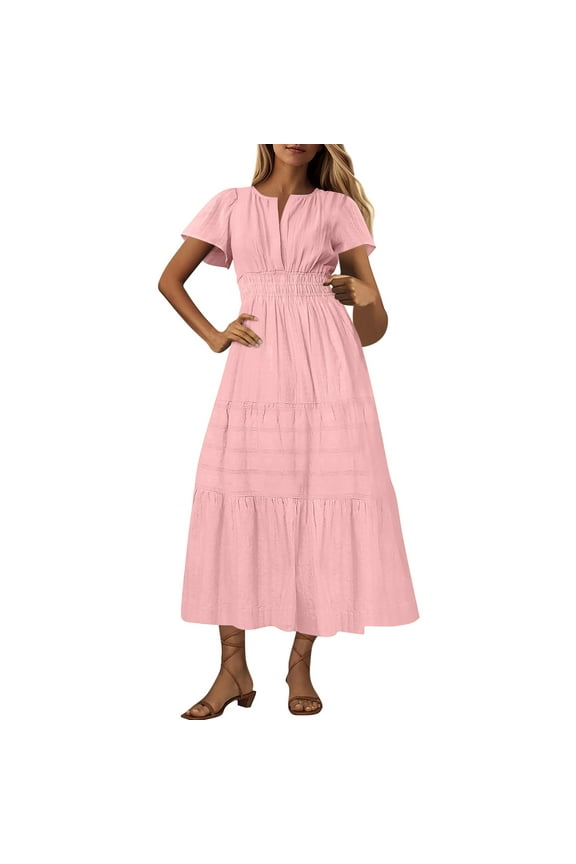 Women's Summer Casual Midi Maxi Dresses Short Sleeve V Neck Elastic Waist Boho Beach Flowy Long Dress with Pockets(Pink,XXL)