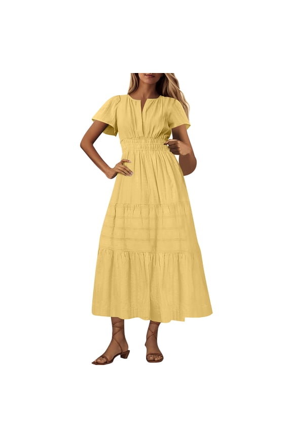 Women's Summer Casual Midi Maxi Dresses Short Sleeve V Neck Elastic Waist Boho Beach Flowy Long Dress with Pockets(Yellow,XL)