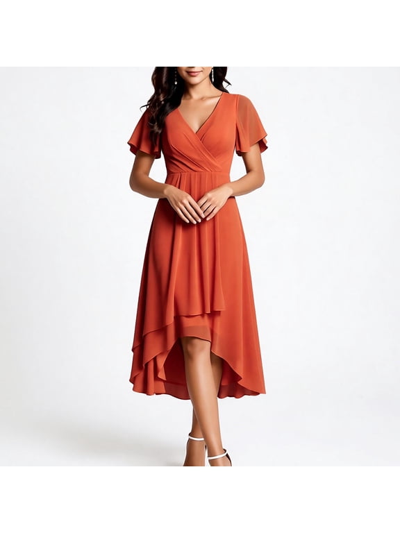 Women's Summer Chiffon Wedding Guest Dresses V Neck Flutter Sleeves Semi Formal Cocktail Dress High-Low A Line Flowly Long Dress