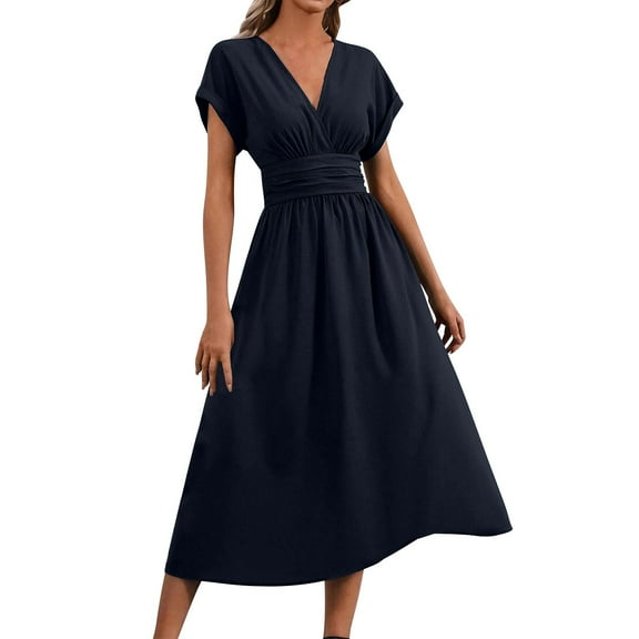 RYRJJ Women's Summer Dresses Elegant Casual Short Sleeve Wrap V-Neck A-Line Loose Fit Swing Cocktail Party Midi Dress(Navy,S)