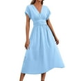 thumbnail image 1 of RYRJJ Women's Summer Dresses Elegant Casual Short Sleeve Wrap V-Neck A-Line Loose Fit Swing Cocktail Party Midi Dress(Sky Blue,L), 1 of 9