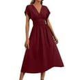 thumbnail image 1 of RYRJJ Women's Summer Dresses Elegant Casual Short Sleeve Wrap V-Neck A-Line Loose Fit Swing Cocktail Party Midi Dress(Wine,L), 1 of 9