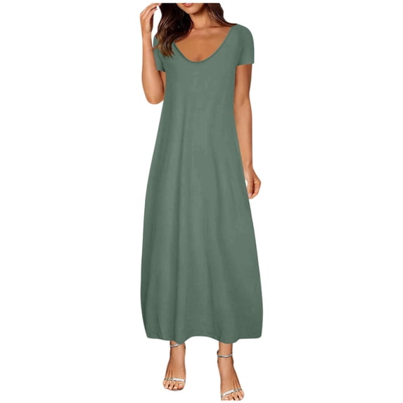 RYRJJ Women's Summer Maxi Dress Short Sleeve V Neck Casual Loose Soft Comfy Long Beach Dresses with Pockets(Green,3XL)
