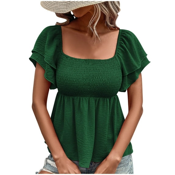 RYRJJ Women's Summer Peplum Tops Square Neck Ruffle Trim Short Sleeve Blouse Smocked Top Dressy Casual Shirts(Green,S)