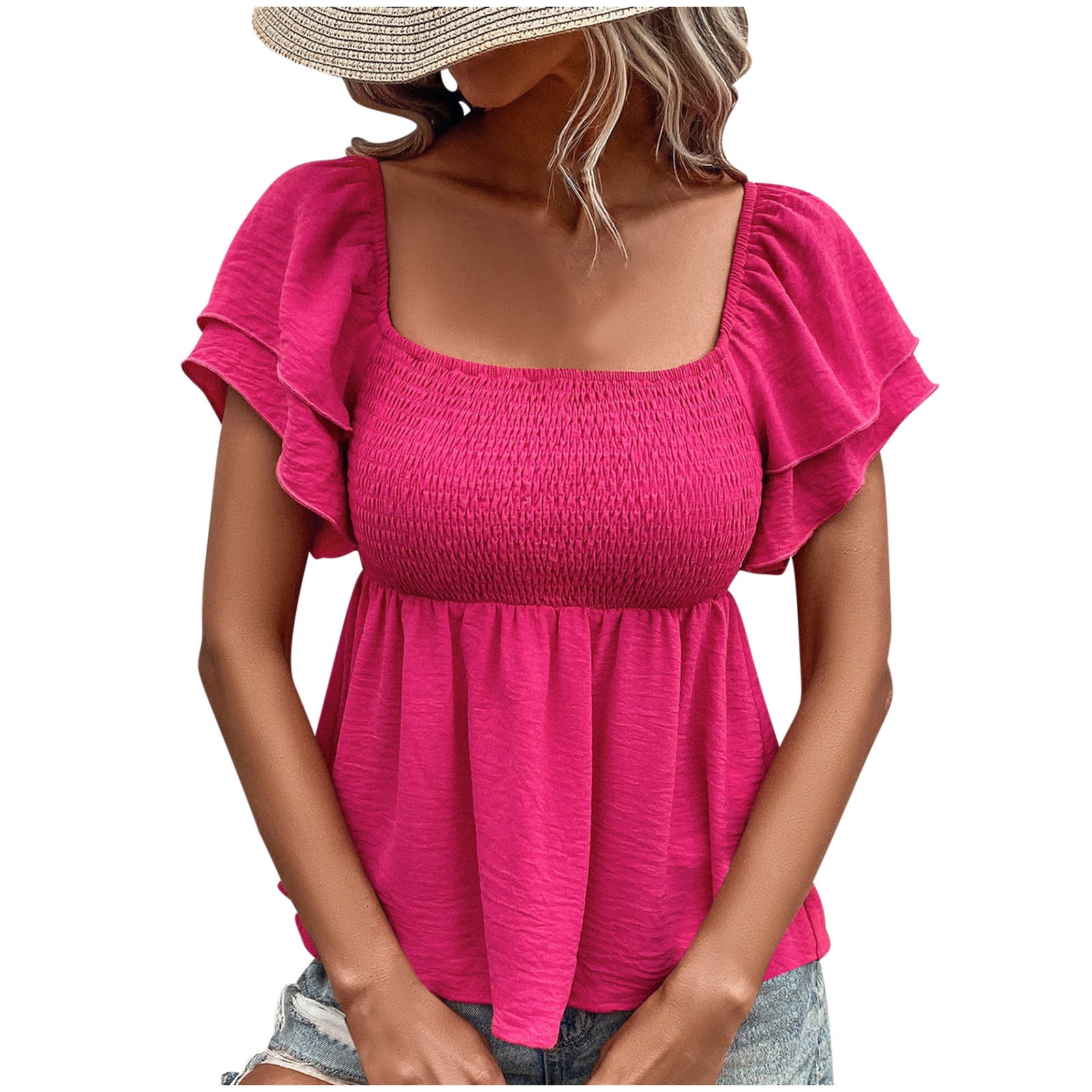 Pre-Order Black Ruffle Short Sleeve Shirred Peplum Top main image 1