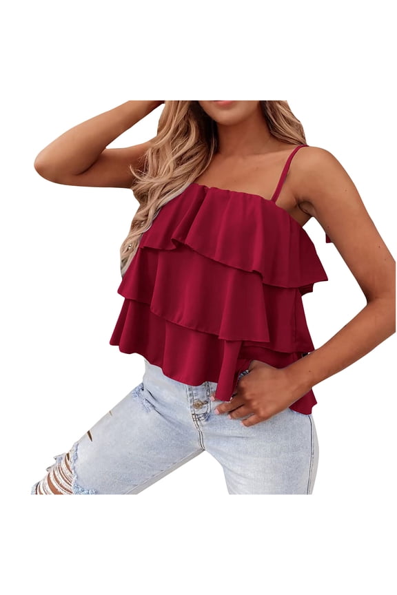 Women's Summer Spaghetti Strap Cami Tank Tops Layered Ruffle Tie Shoulder Flowy Sleeveless Shirts Camisole(Red,S)