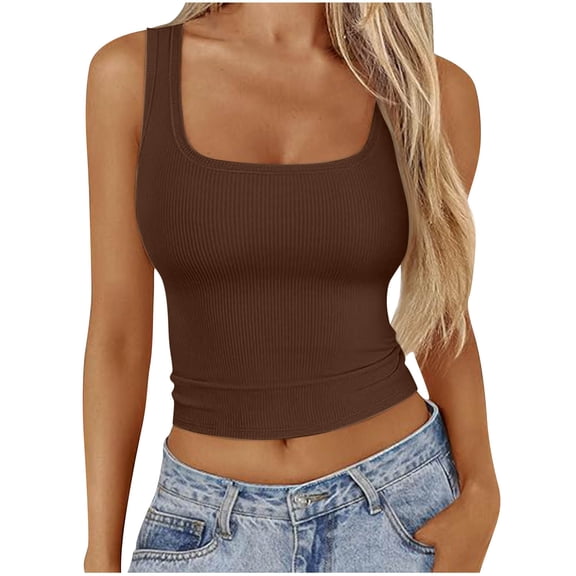 RYRJJ Women's Summer Square Neck Tank Tops Workout Cropped Ribbed Summer Camisole Slim Fitted Basic Sleeveless Shirts(Coffee,S)