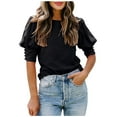thumbnail image 1 of RYRJJ Women's Summer Tops Fashion Puff Sleeve Casual Loose Crewneck Blouses Solid Tunic T Shirts with Button Cuff(Black,S), 1 of 7