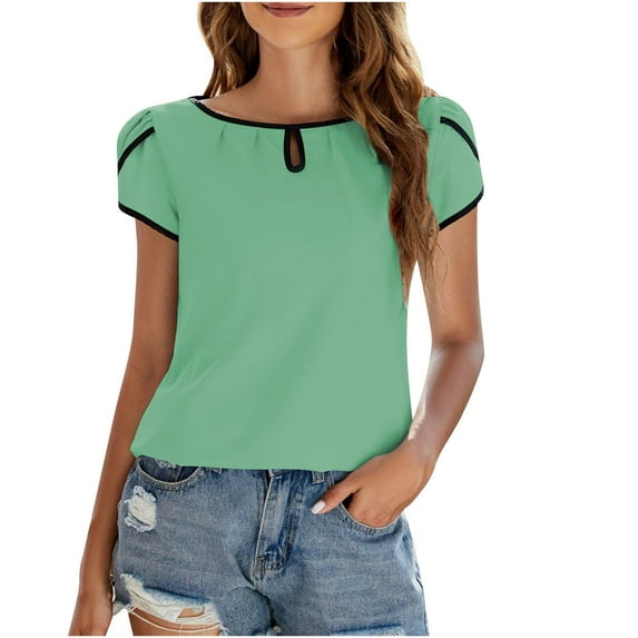 RYRJJ Women's Summer Tops Pleated Petal Short Sleeve Chiffon Shirts Casual Round Neck Keyhole Blouse Top(Green,L)