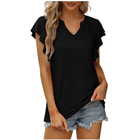 RYRJJ Women's Summer Tunic Blouse Flutter Short Sleeve V Neck Solid Trendy T Shirt Tops Casual Loose Fit(Black,XL)