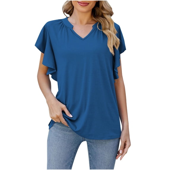 RYRJJ Women's Summer Tunic Blouse Flutter Short Sleeve V Neck Solid Trendy T Shirt Tops Casual Loose Fit(Navy,XXL)