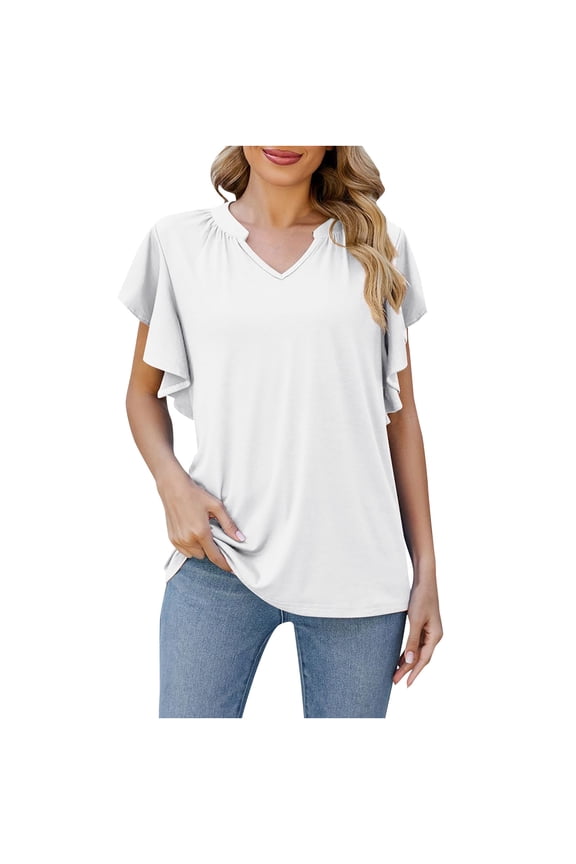 Women's Summer Tunic Blouse Flutter Short Sleeve V Neck Solid Trendy T Shirt Tops Casual Loose Fit(White,S)