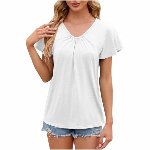 RYRJJ Women's Summer Tunic Blouse Flutter Short Sleeve V Neck Solid Trendy T Shirt Tops Casual Loose Fit(z1-White,L)