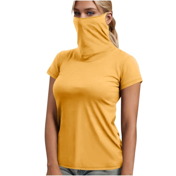 RYRJJ Women's Sun Protection Shirts UPF 50+ Fishing Hiking Shirt Lightweight Short Sleeve SPF Tops with Face Cover(Yellow,XL)