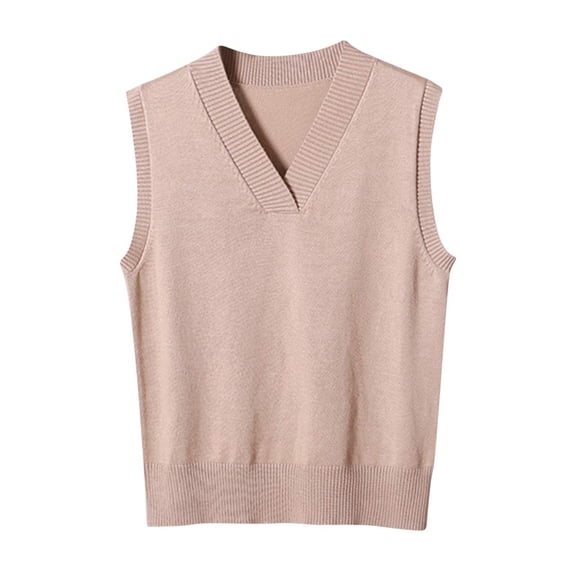 RYRJJ Women's Sweater Vest V Neck Uniform Ribbed Knitted Vests Solid Classic Sleeveless Pullover Sweaters Tops(Khaki,XXL)